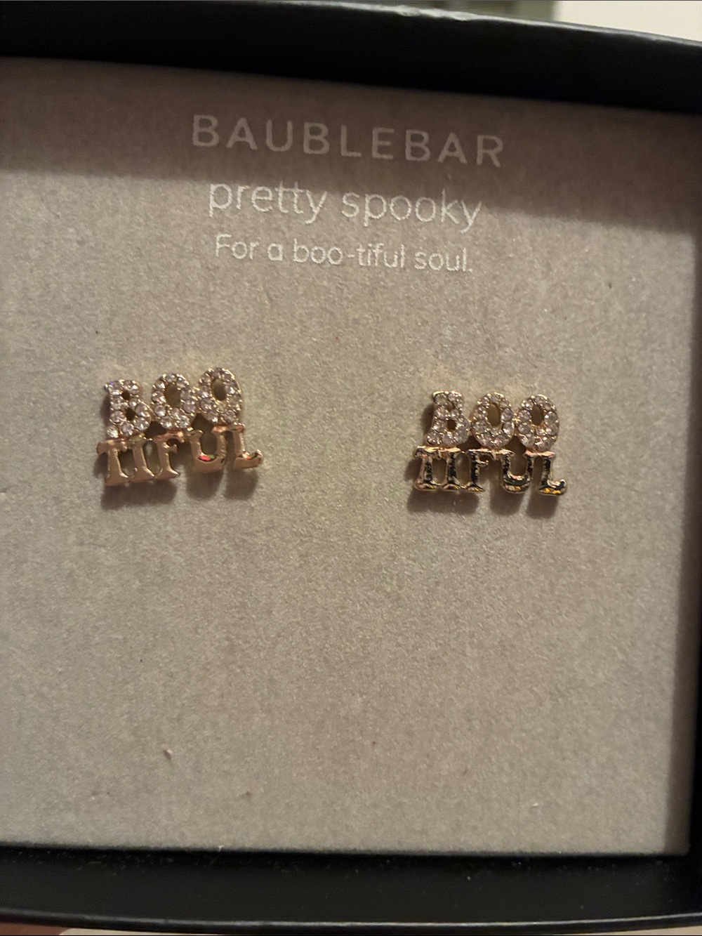 BaubleBar Gold tone 'Boo' Halloween sparkly Stud Earrings, new.